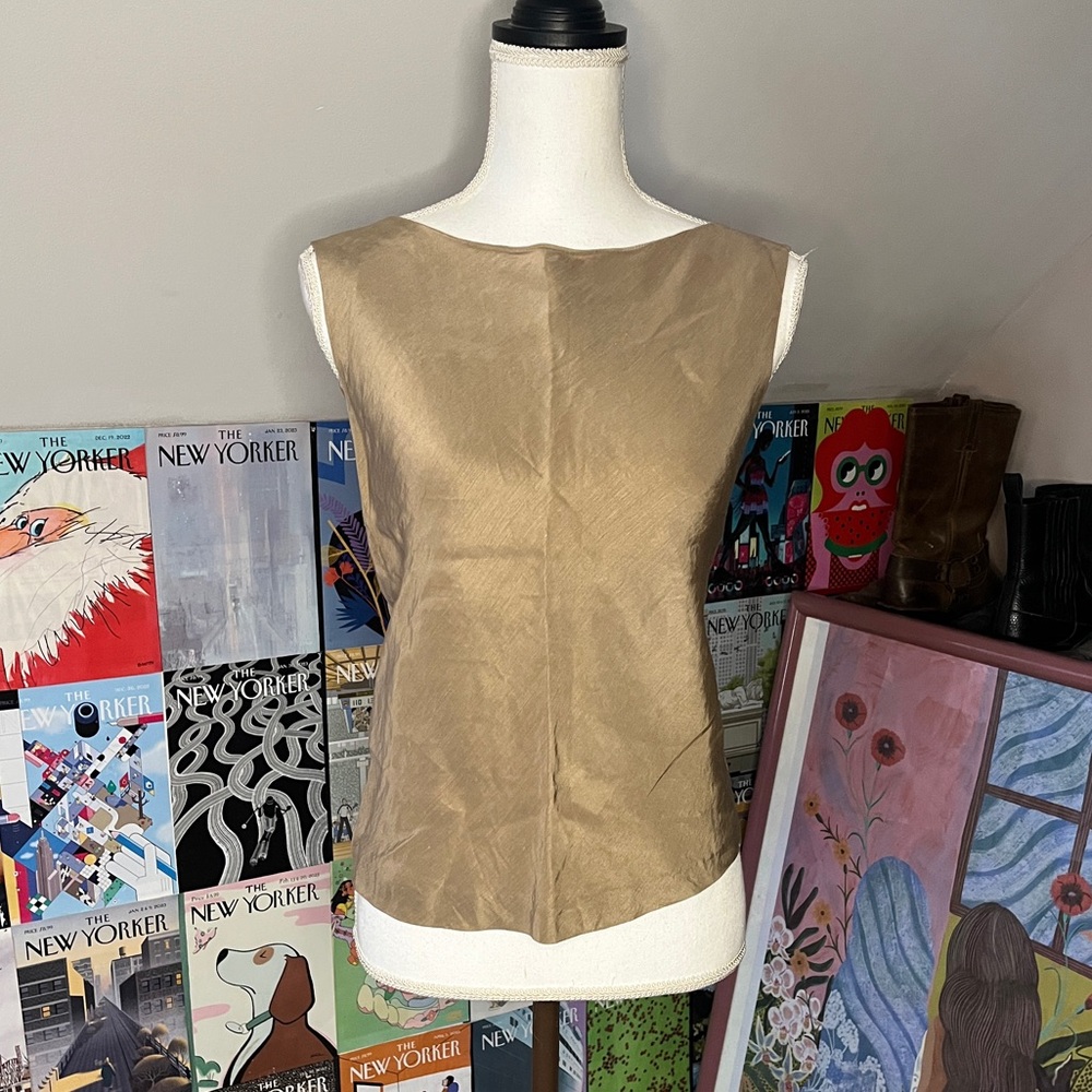 Gold Linen and Silk Classic Sleeveless Shell Top